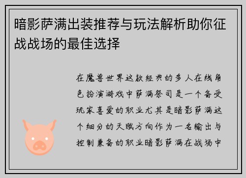 暗影萨满出装推荐与玩法解析助你征战战场的最佳选择